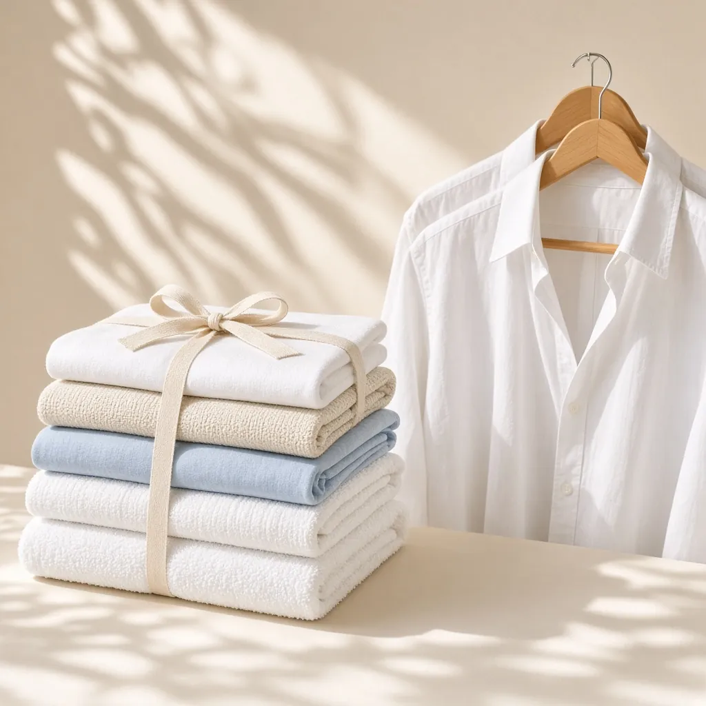 Freshly folded towels and pressed shirts on hangers