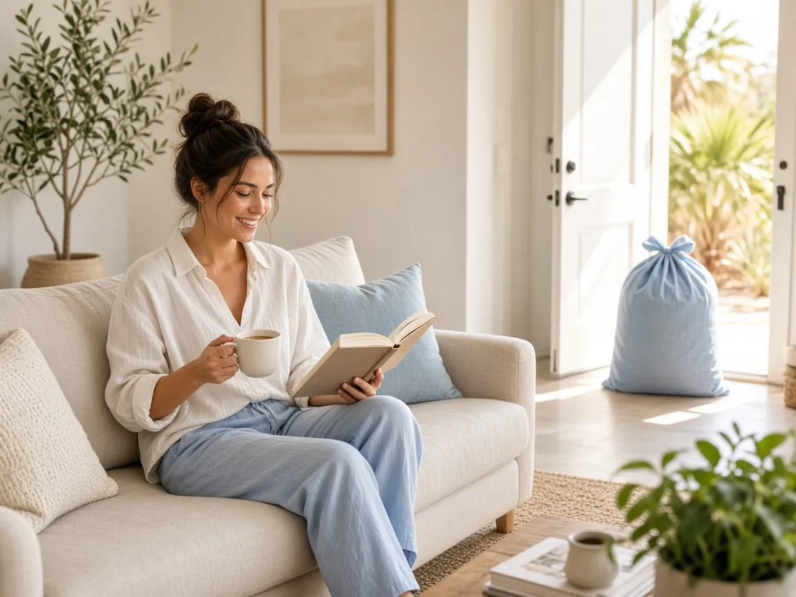 Relaxing at home while the laundry bag waits by the door for free pickup