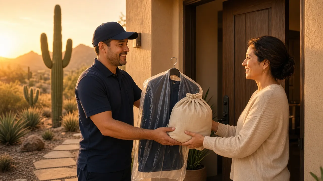 Laundry at Your Door driver delivering a garment bag at a Phoenix home