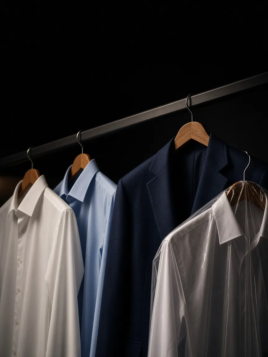 Pressed shirts and blazer on hangers after dry cleaning